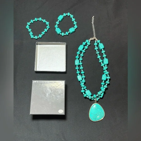 ⏰ NWOT Premier Designs faux turquoise silver necklace pendant stretch bracelets - Picture 2 of 11